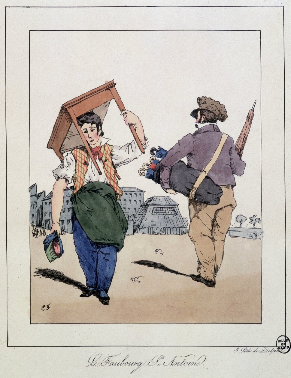 Le faubourg St Antoine: opravář nábytku a obchodník s vycházkovými deštníky – v „“Souvenirs d’un loâneur”” od Eugène Forest, ed. Delpech, Paříž, kolem roku 1830 od Eugene Hippolyte Forest