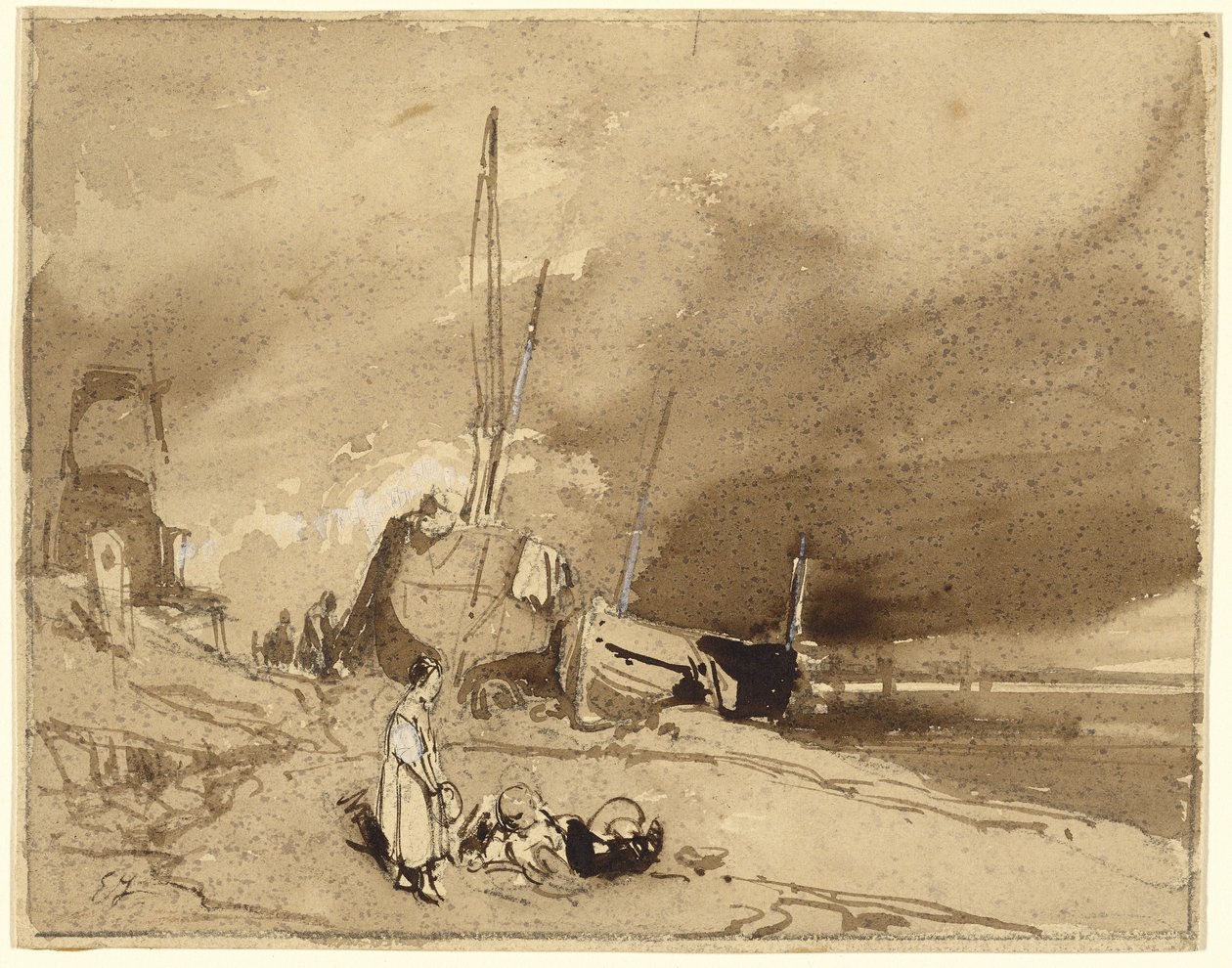 Bord de Plage (Rybářské lodě na pláži, bouřkové mraky v dálce) od Eugene Isabey