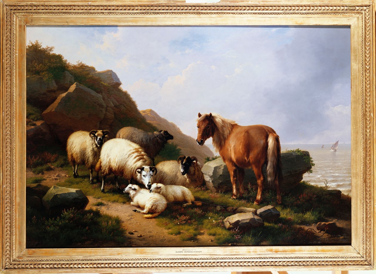 Poník a ovce na útesu s plachetnicí za ním, 1868 od Eugene Joseph Verboeckhoven