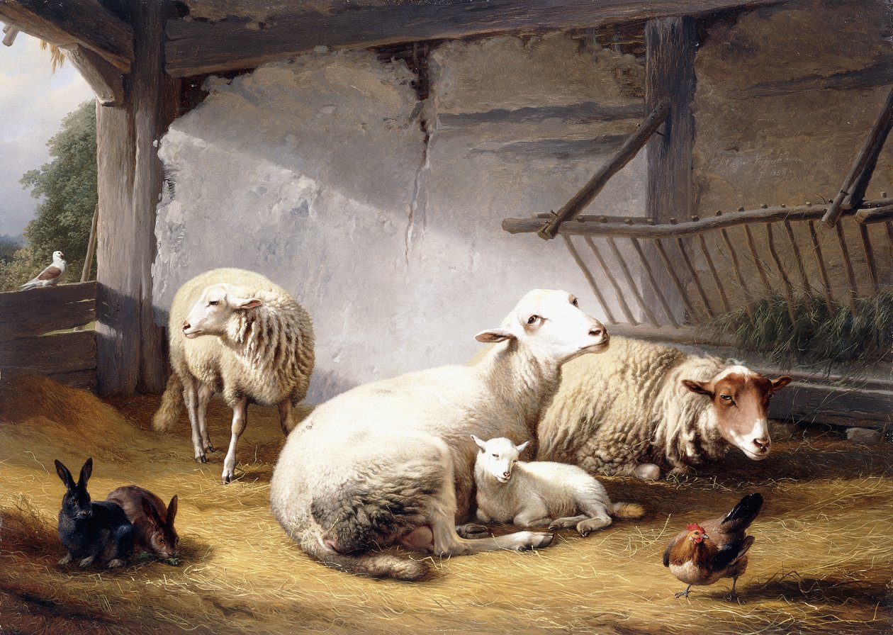 Ovce, králíci a kuře ve stodole, 1859 od Eugene Joseph Verboeckhoven