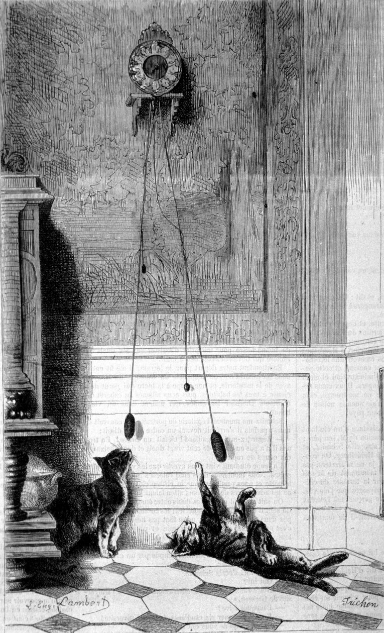Dvě koťata si hrají s hodinami. Ilustrace Eugene Lambert. Rytina. od Eugene Lambert