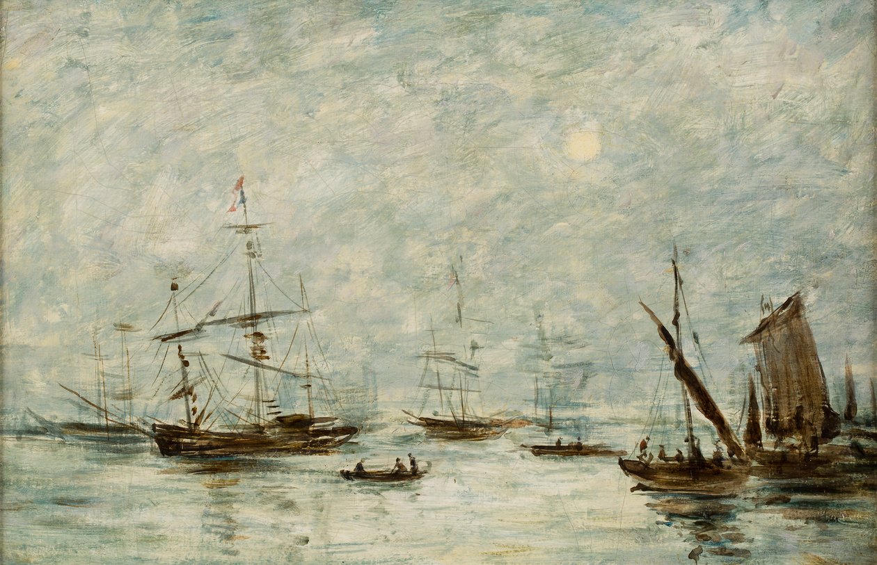 Lodě kotvící v přístavu (olej na plátně) od Eugene Louis (attr.to) Boudin