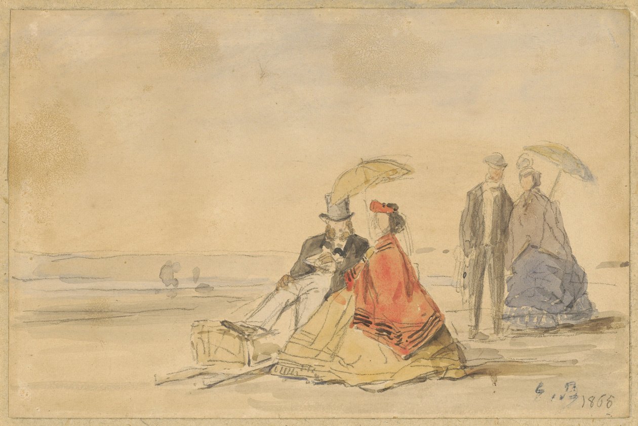 Pár sedící a pár na pláži, 1865. od Eugene Louis Boudin