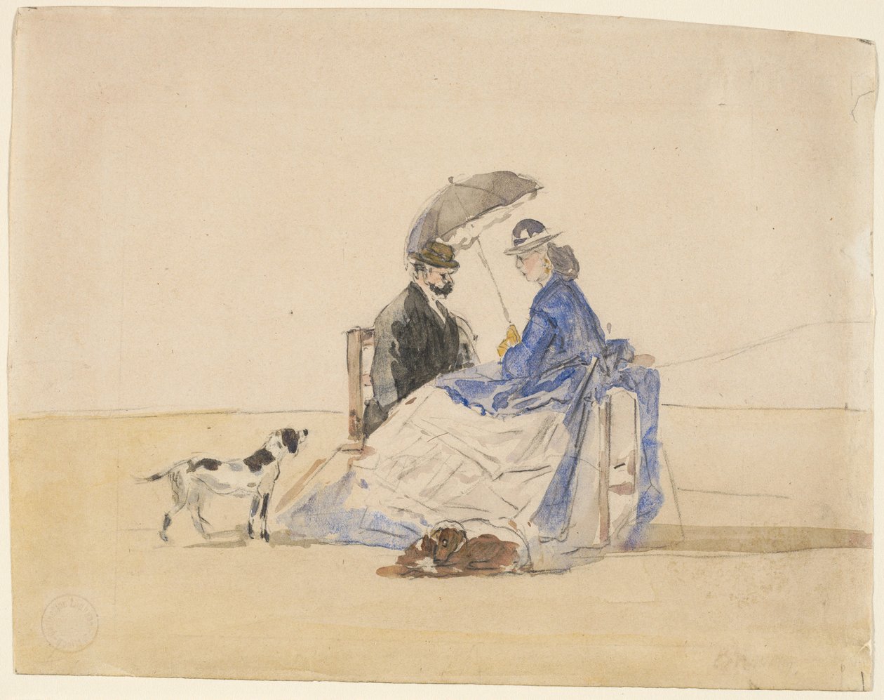 Pár sedící na pláži se dvěma psy, c. 1865. od Eugene Louis Boudin