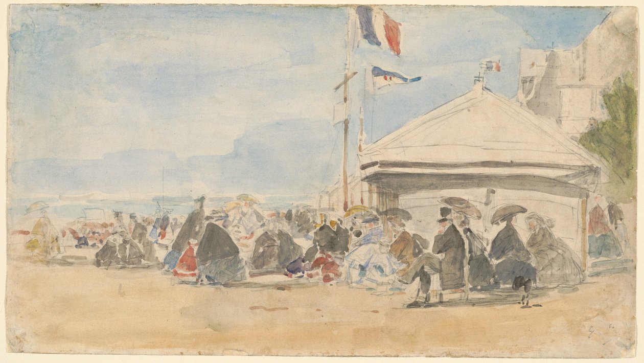 Plážový dům s vlajkami v Trouville, c. 1865. od Eugene Louis Boudin