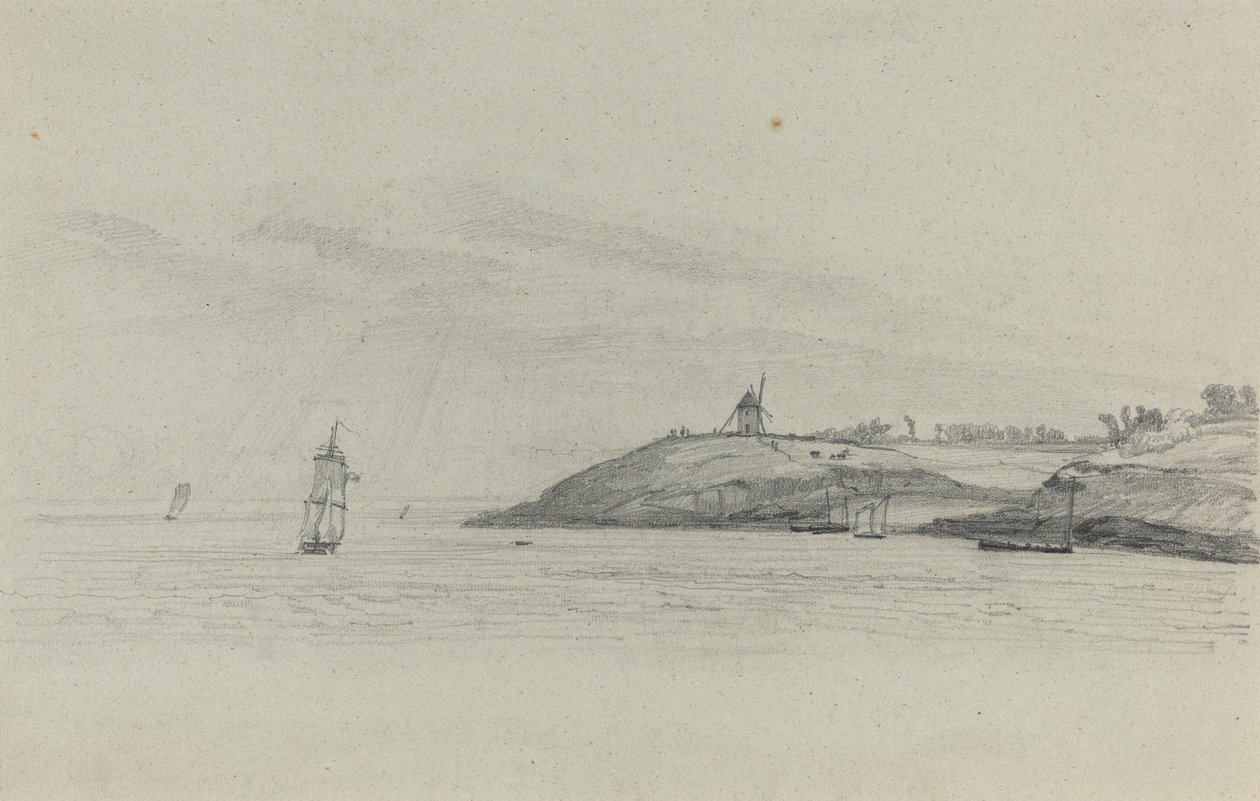 Pobřežní krajina s lodní dopravou, větrný mlýn v dálce, c. 1858. od Eugene Louis Boudin