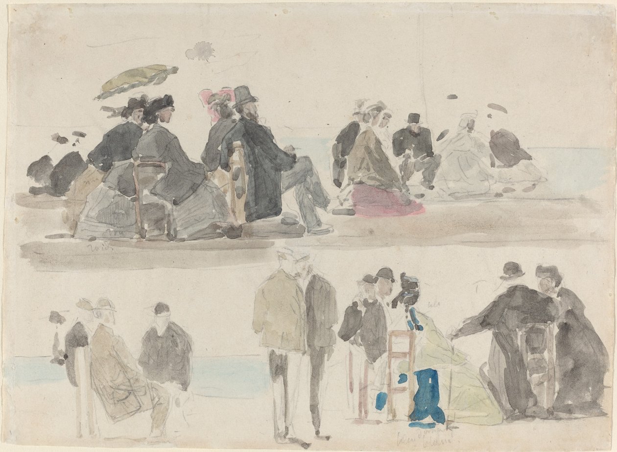 Dámy a pánové na pláži, ve dvou registrech, c. 1865. od Eugene Louis Boudin