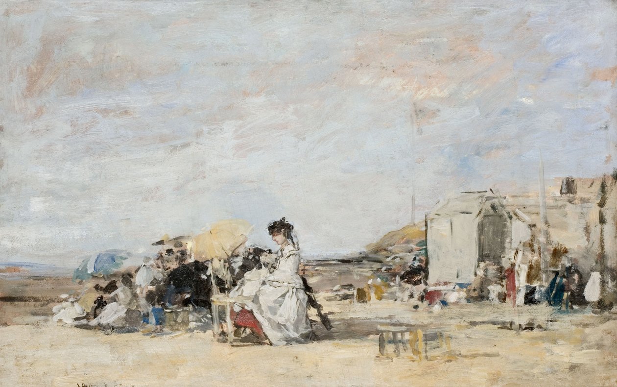 Dáma v bílém na pláži v Trouville od Eugene Louis Boudin