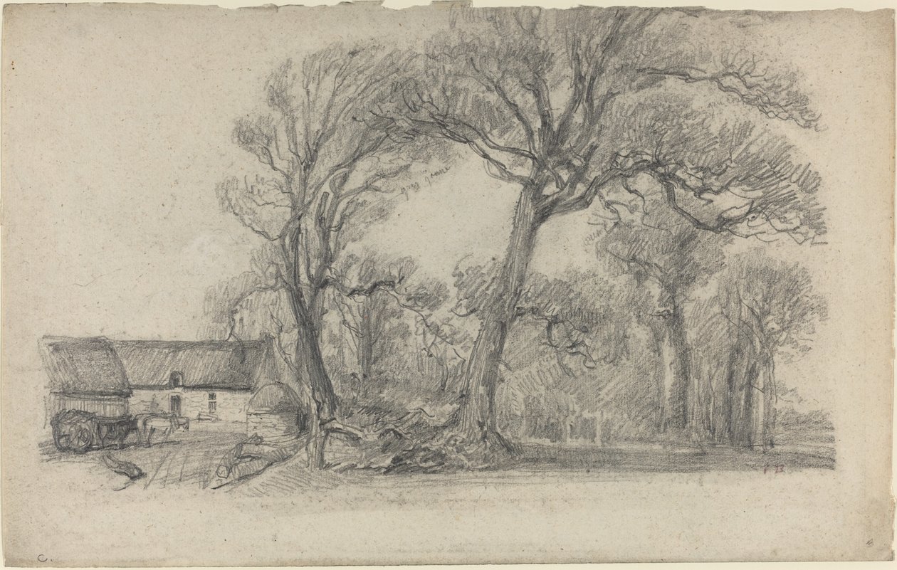 Krajina se stromy, chalupou a farmářským vozem, c. 1858. od Eugene Louis Boudin