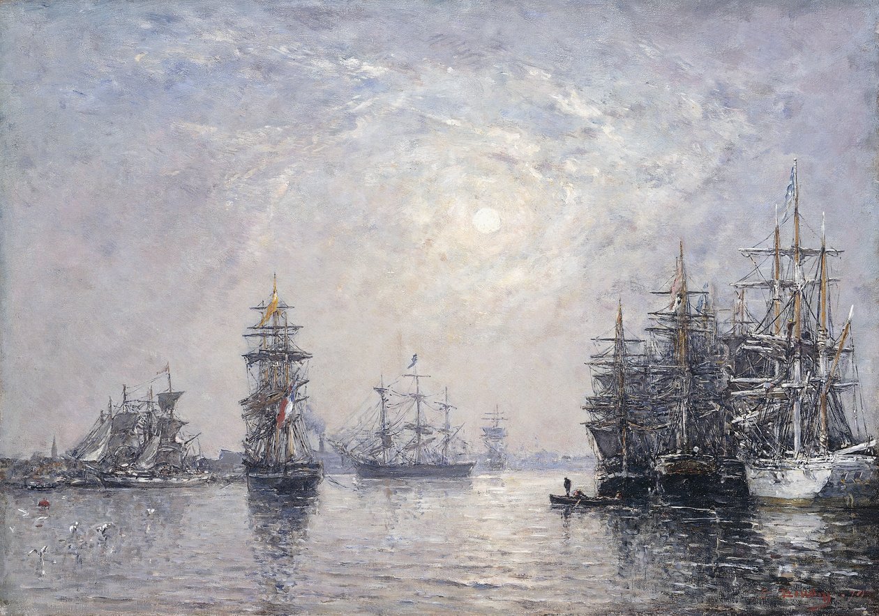 Le Havre, Eure Basin, Plachetnice v Anchor, Sunset; Le Havre, Eure Basin, Plachetnice v Anchor, Zapadající slunce, 1870 od Eugene Louis Boudin