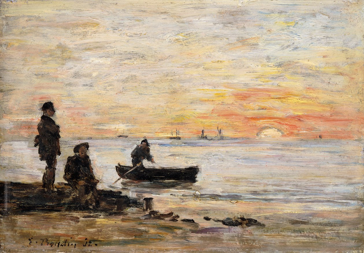 Odliv – pobřeží a rybáři při západu slunce; Odliv - Pobřeží a rybáři při západu slunce, 1862 od Eugene Louis Boudin