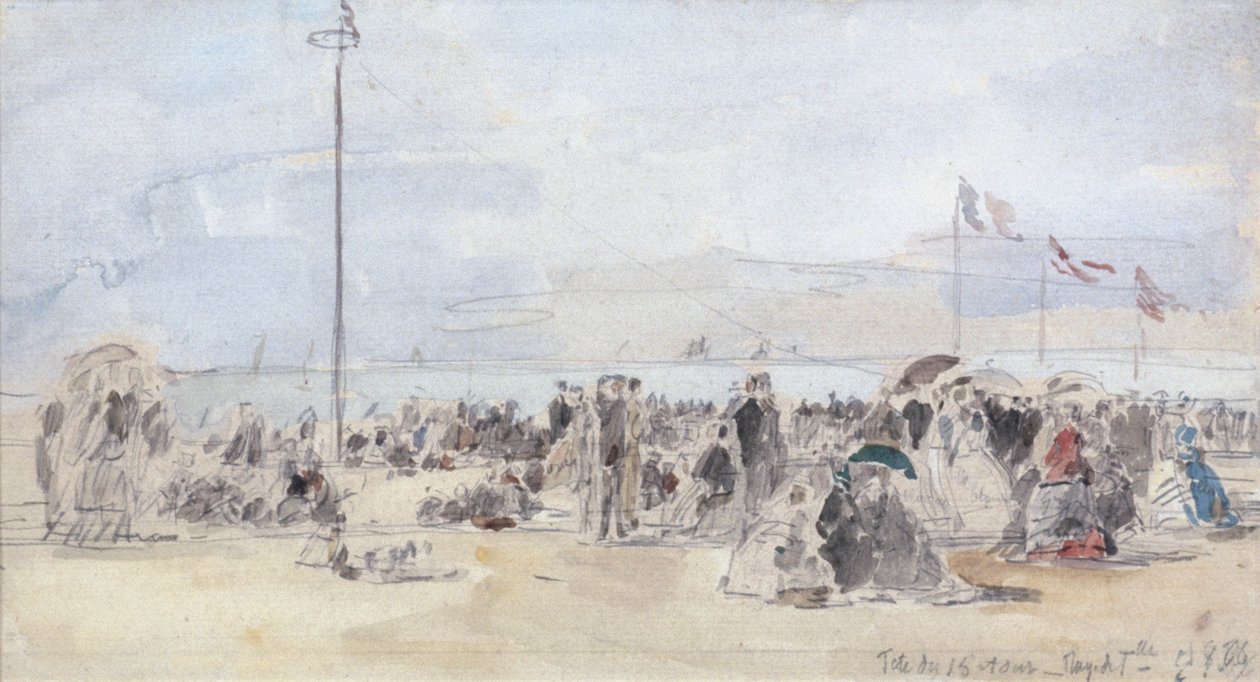 Lidé na pláži, Trouville, 1866 (wc a grafit na papíře) od Eugene Louis Boudin