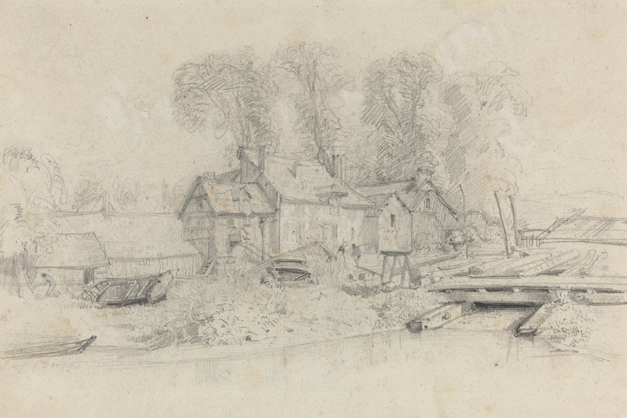 Říční krajina s budovami, čluny a postavami, c. 1858. od Eugene Louis Boudin
