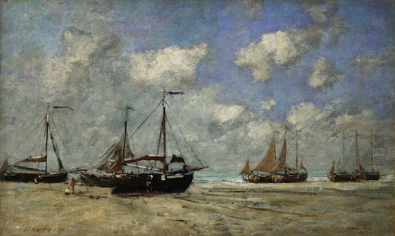 Scheveningen, Lodě najely na mělčinu na pobřeží; Scheveningen, Bateaux Echoues sur la Greve, 1875 od Eugene Louis Boudin