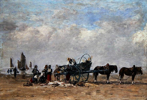 The Fish Cart, Berck, kolem roku 1880 (olej na plátně položeném na panelu) od Eugene Louis Boudin