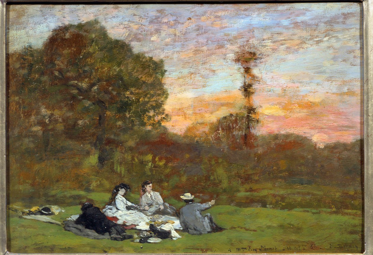 Snídaně na trávě „Obraz Eugena Louise Boudina (1824-1898) 1866 Ne. 0,17x0,25 m Paříž, Musee d