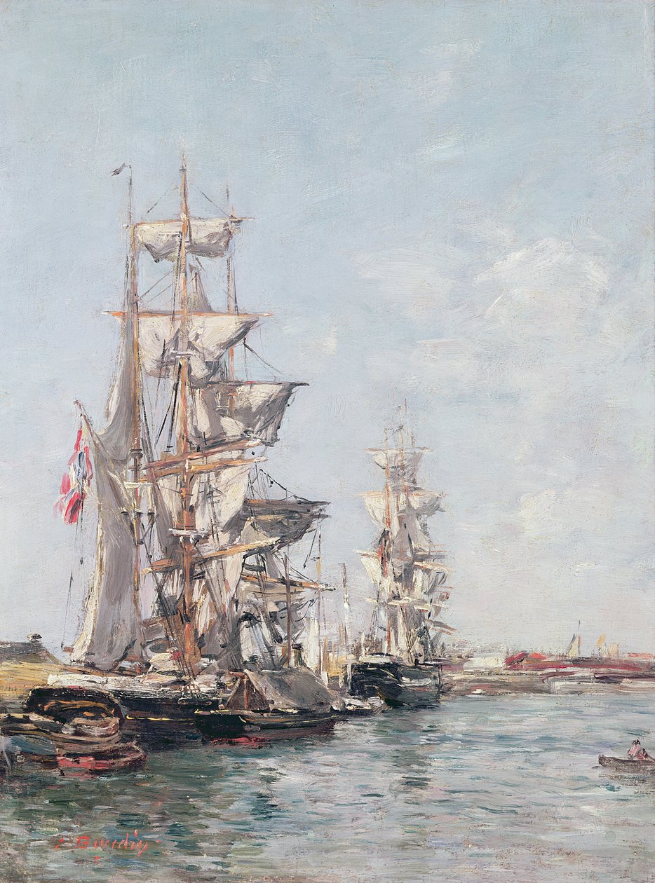 Třístěžňové čluny na nábřeží v Deauville Harbour, c.1888-89 od Eugene Louis Boudin