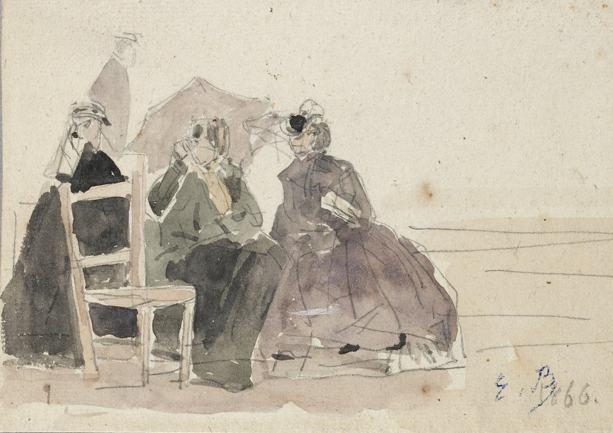 Tři ženy sedící na židlích na pláži, konec 19. století od Eugene Louis Boudin
