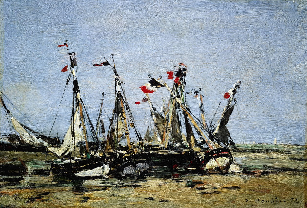 Trouville (Francie), čekání na příliv, rybářské lodě na pláži, vyzdobené francouzskými vlajkami, připomínající Francouzskou revoluci 1789 od Eugene Louis Boudin