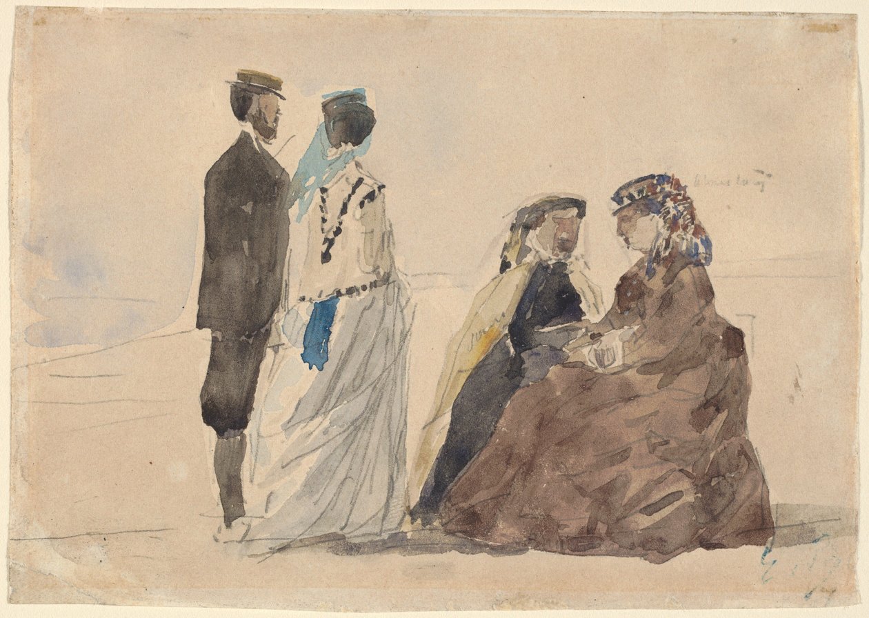 Dvě sedící dámy a pár na pláži, c. 1866. od Eugene Louis Boudin