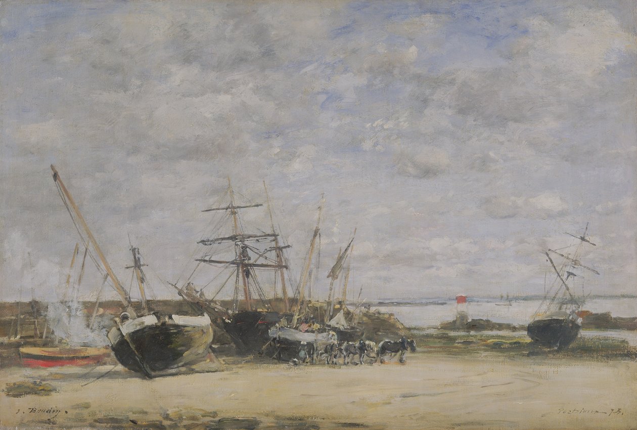 Plavidla a koně na pobřeží od Eugene Louis Boudin