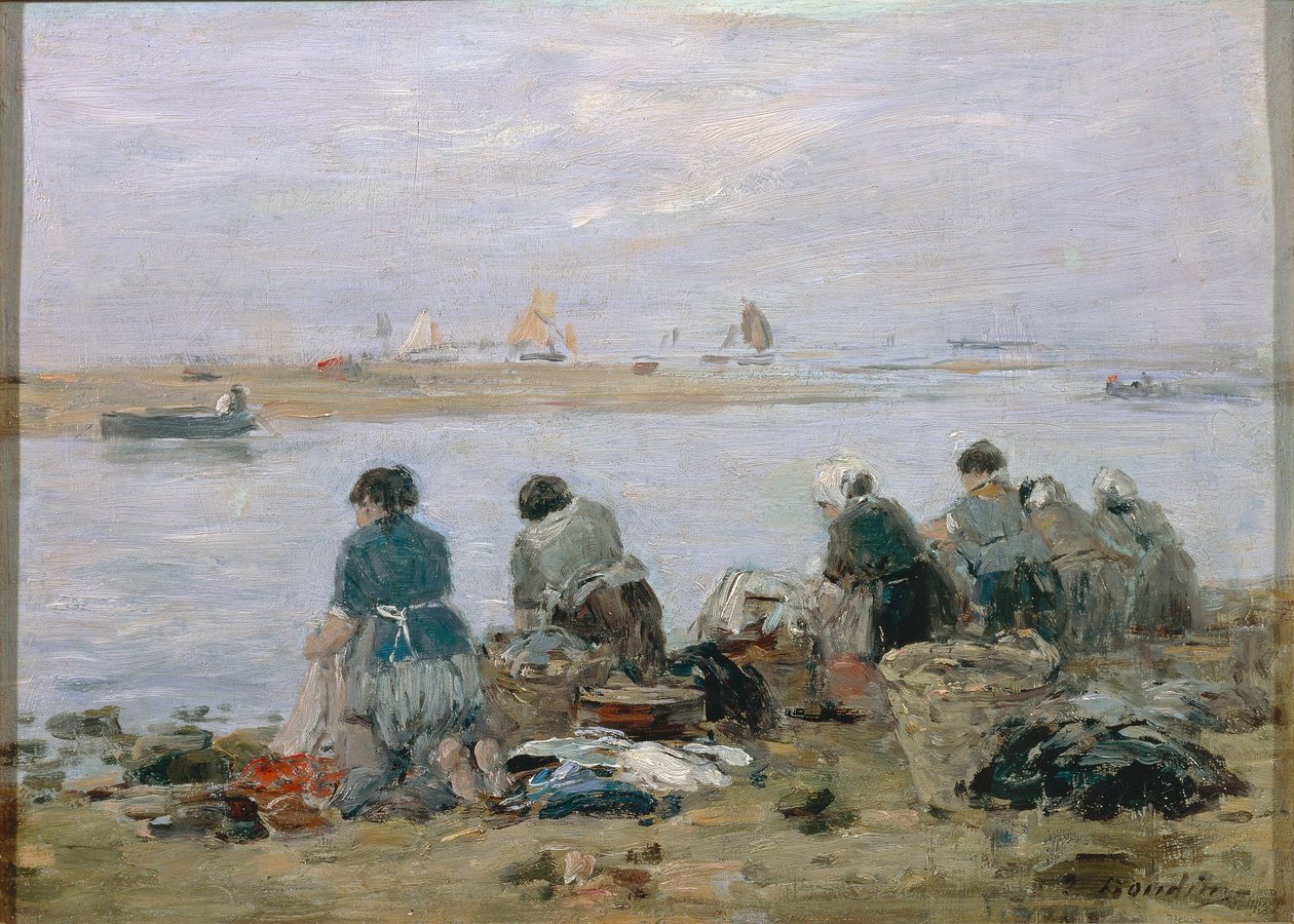 Pračky na břehu řeky Touques poblíž Trouville, Eugene Boudin, malba od Eugene Louis Boudin