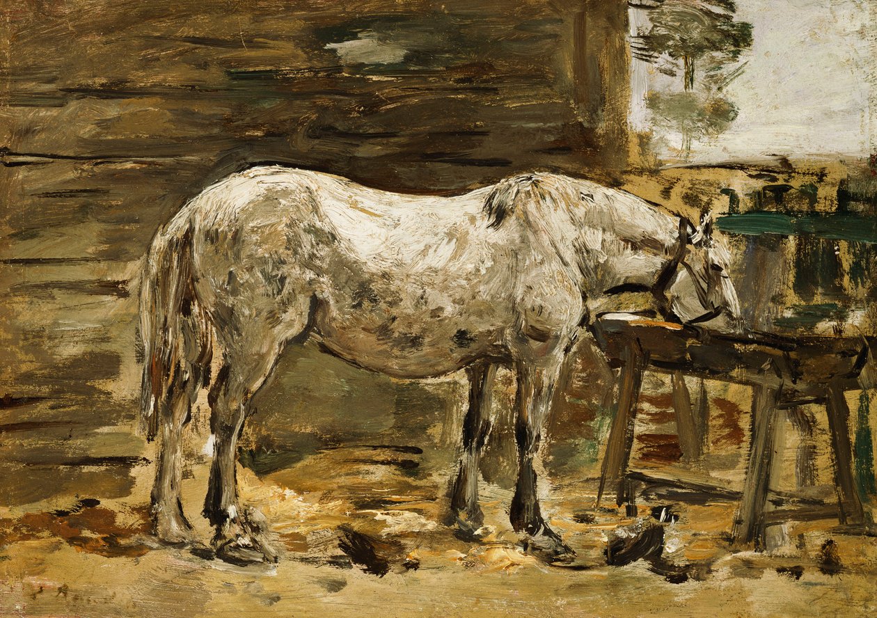 Bílý kůň u napajedla, c.1885-90 od Eugene Louis Boudin