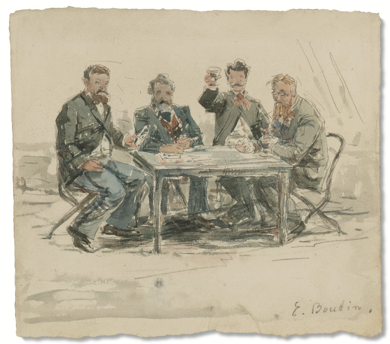 Na farmě Saint-Siméon (Jongkind, Émile van Marcke, Claude Monet a „otec Achard“), c. 1867 (akvarel a tužka na papíře) od Eugene Louis Boudin