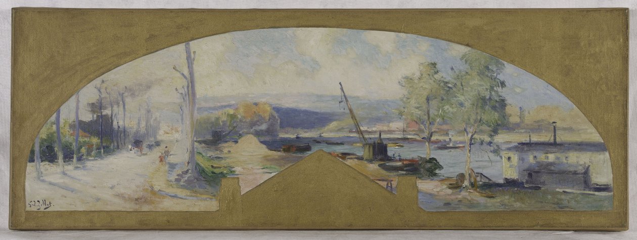 Skica radnice v Issy-les-Moulineaux: La Seine à Issy-les-Moulineaux, kolem roku 1901 (olej na plátně) od Eugene Louis Gillot