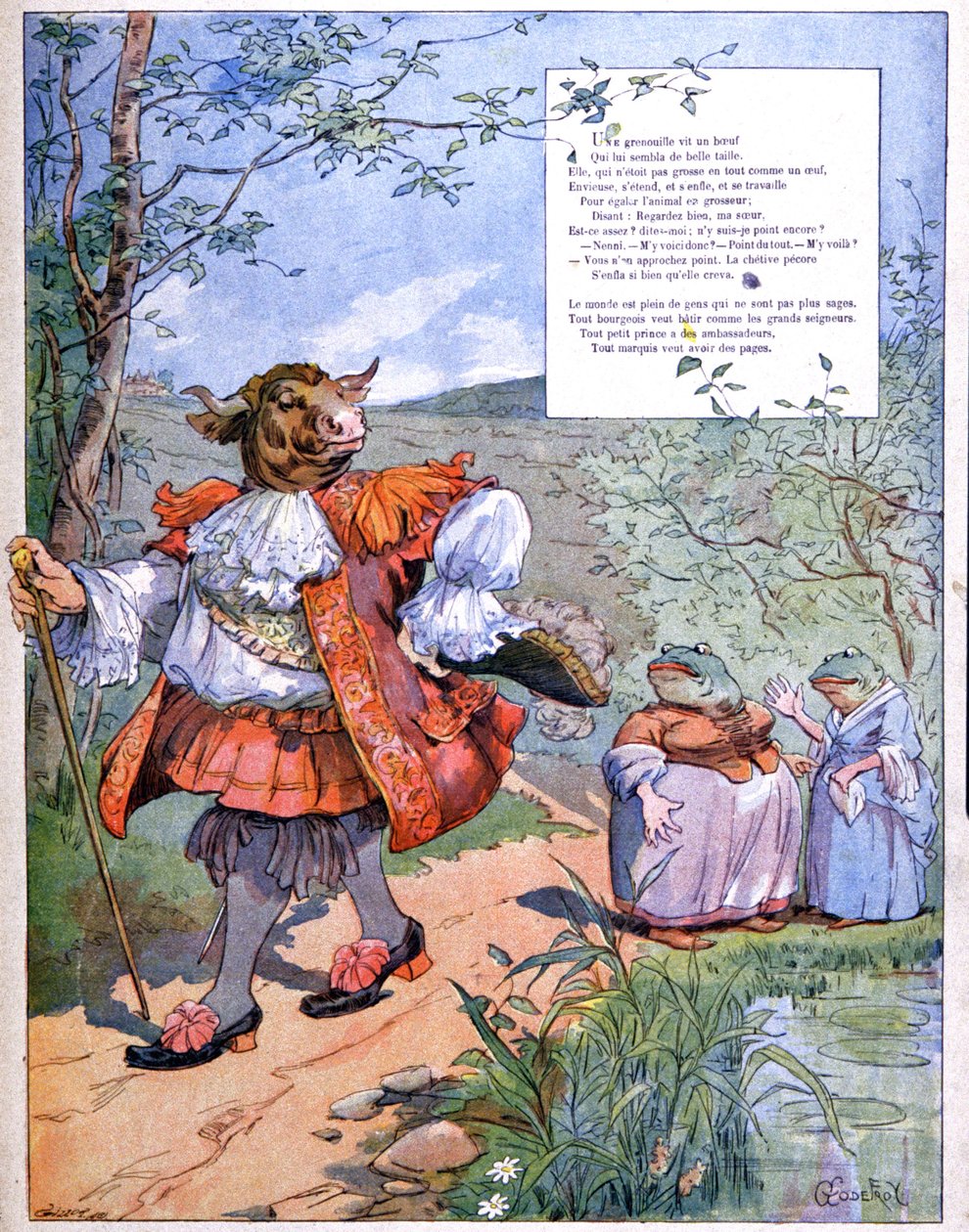 Žába, která se chtěla stát velkou jako vůl, c. 1900 (rytina) od Eugene Louis Gillot
