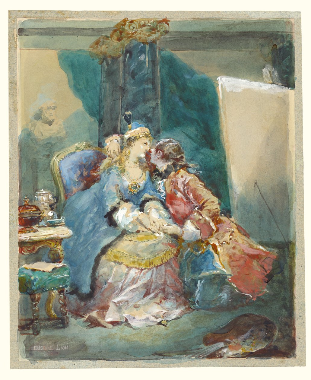 Pár objímající se v uměleckém ateliéru od Eugene Louis Lami