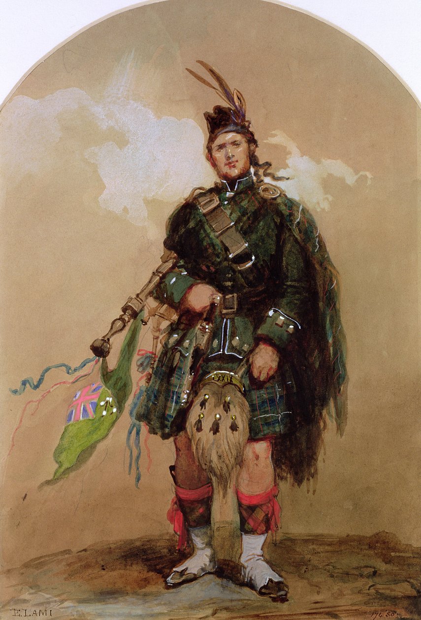 Piper of the 79th Highlanders v Chobham Camp v roce 1853 od Eugene-Louis Lami