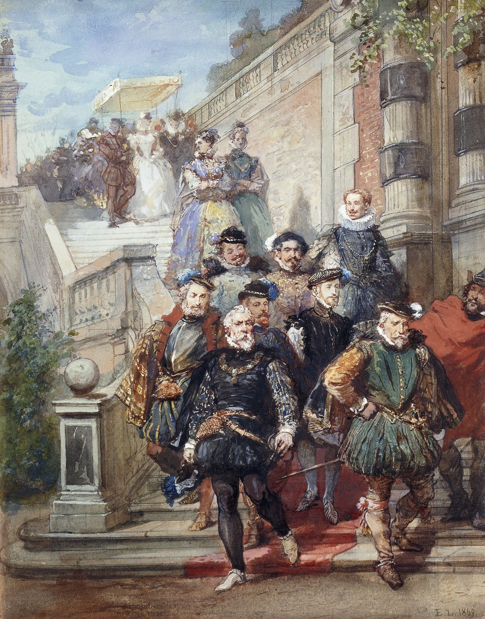 Královský průvod sestupující po schodech v zahradě, 1869 od Eugene Louis Lami