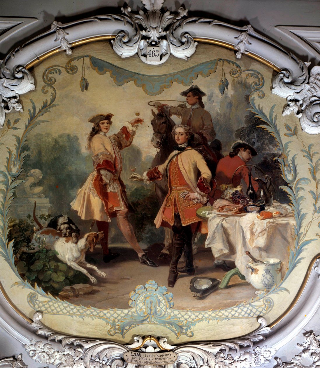 Lovecký oběd v 18. století Obraz Eugene Louis Lami (1800-1890) Chantilly z 19. století, Musee Conde od Eugene Louis Lami