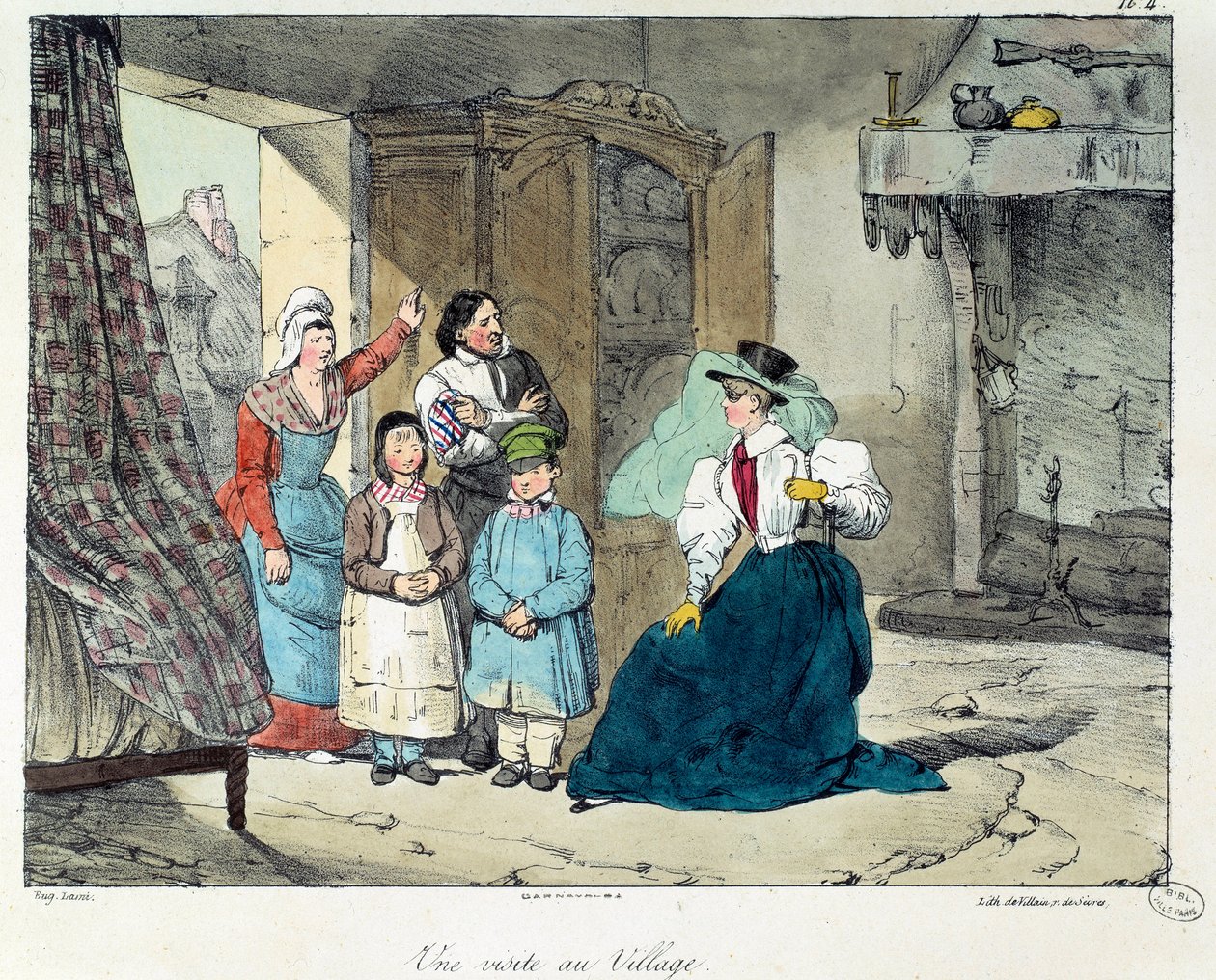 Návštěva vesnice. Bohatá žena navštíví chudou rodinu. Ilustrace knihy „La vie de chateau“. Rytina Eugene Louis Lami (1800-1890) od Eugene Louis Lami