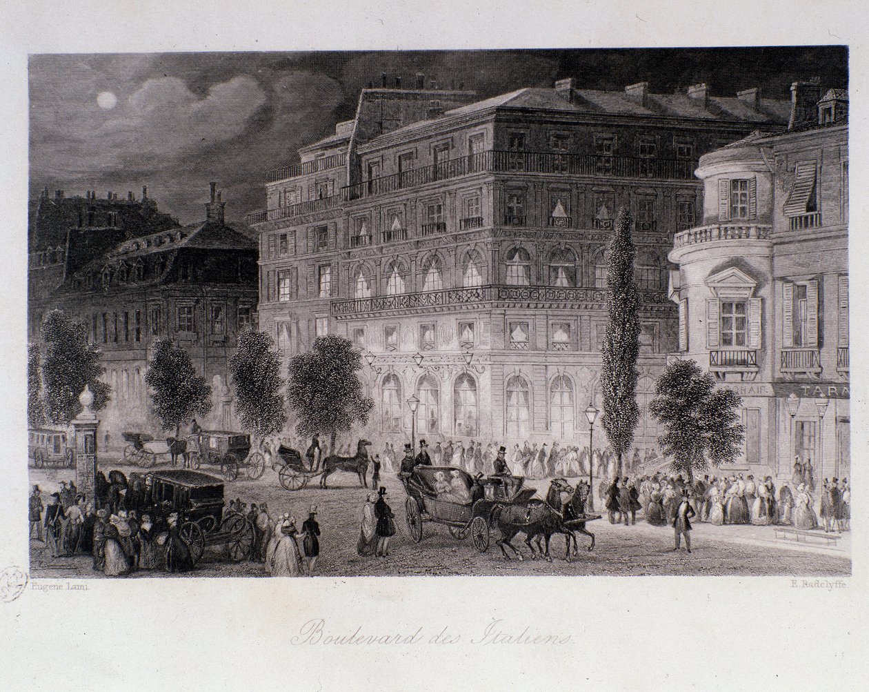 Animace kolem divadel na bulváru des Italians v Paříži. Rytina Eugene Louis Lami (1800-1890) 1843 Soukromá sbírka od Eugene Louis Lami