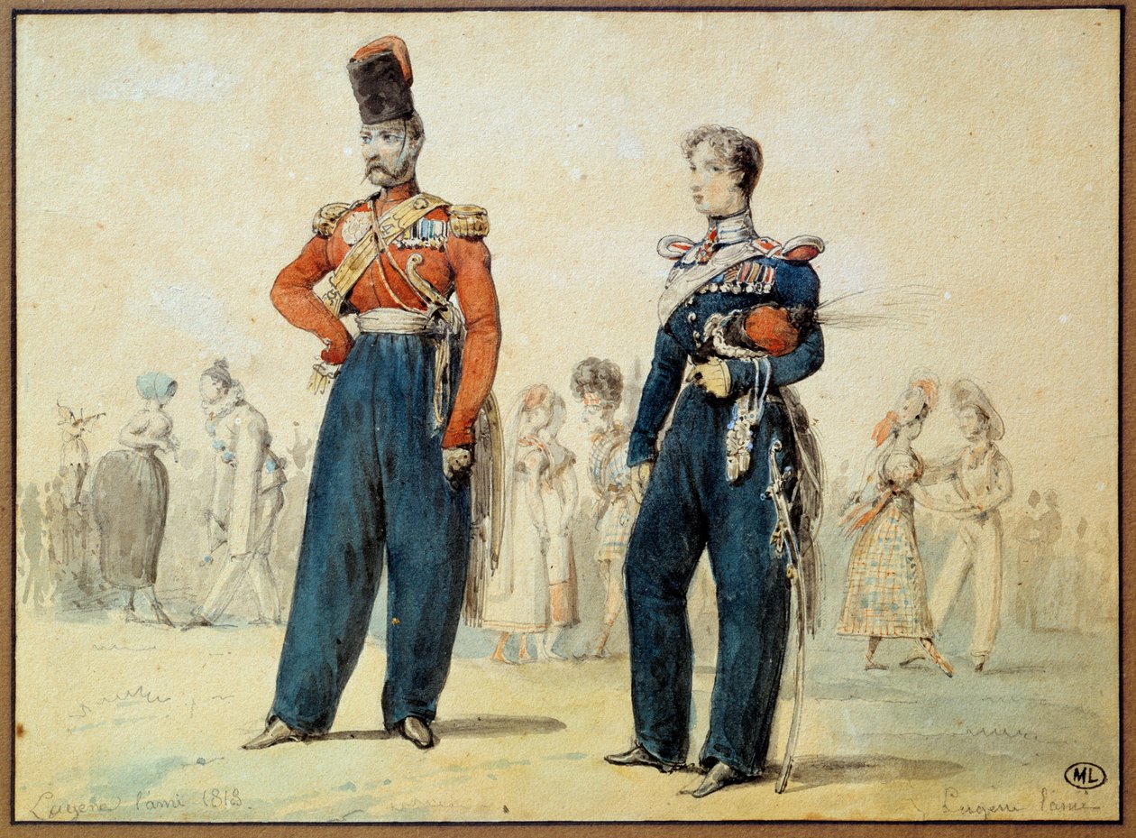 Plesový oblek: dva muži ve vojenské uniformě. Kresba Eugene Louis Lami (1800-1890) Paříž 19. století, muzeum Louvre od Eugene Louis Lami