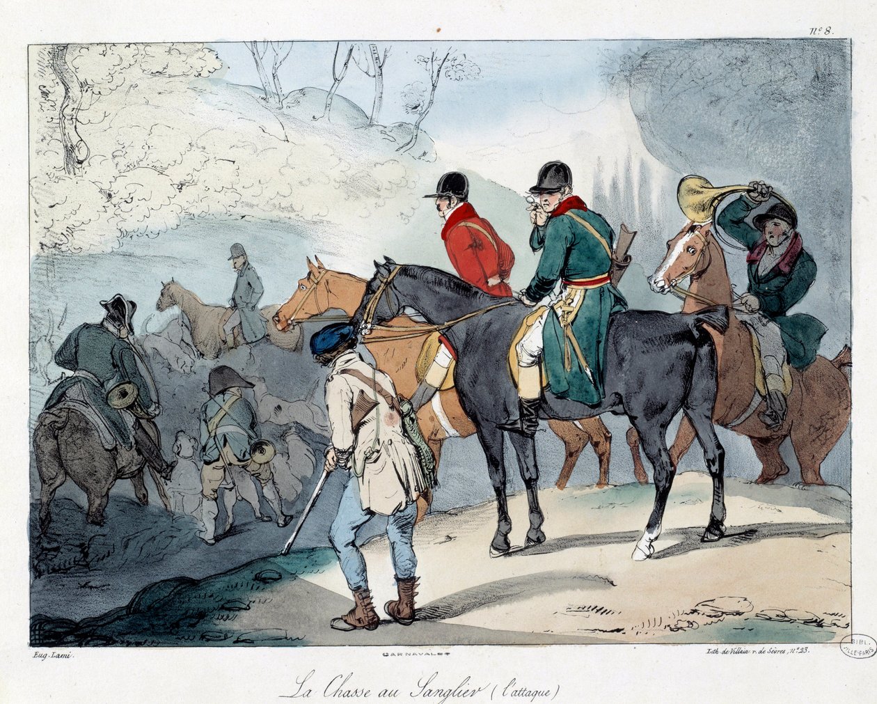 Lov na kance. Ilustrace knihy „La vie de chateau“. Rytina Eugene Louis Lami (1800-1890) od Eugene Louis Lami