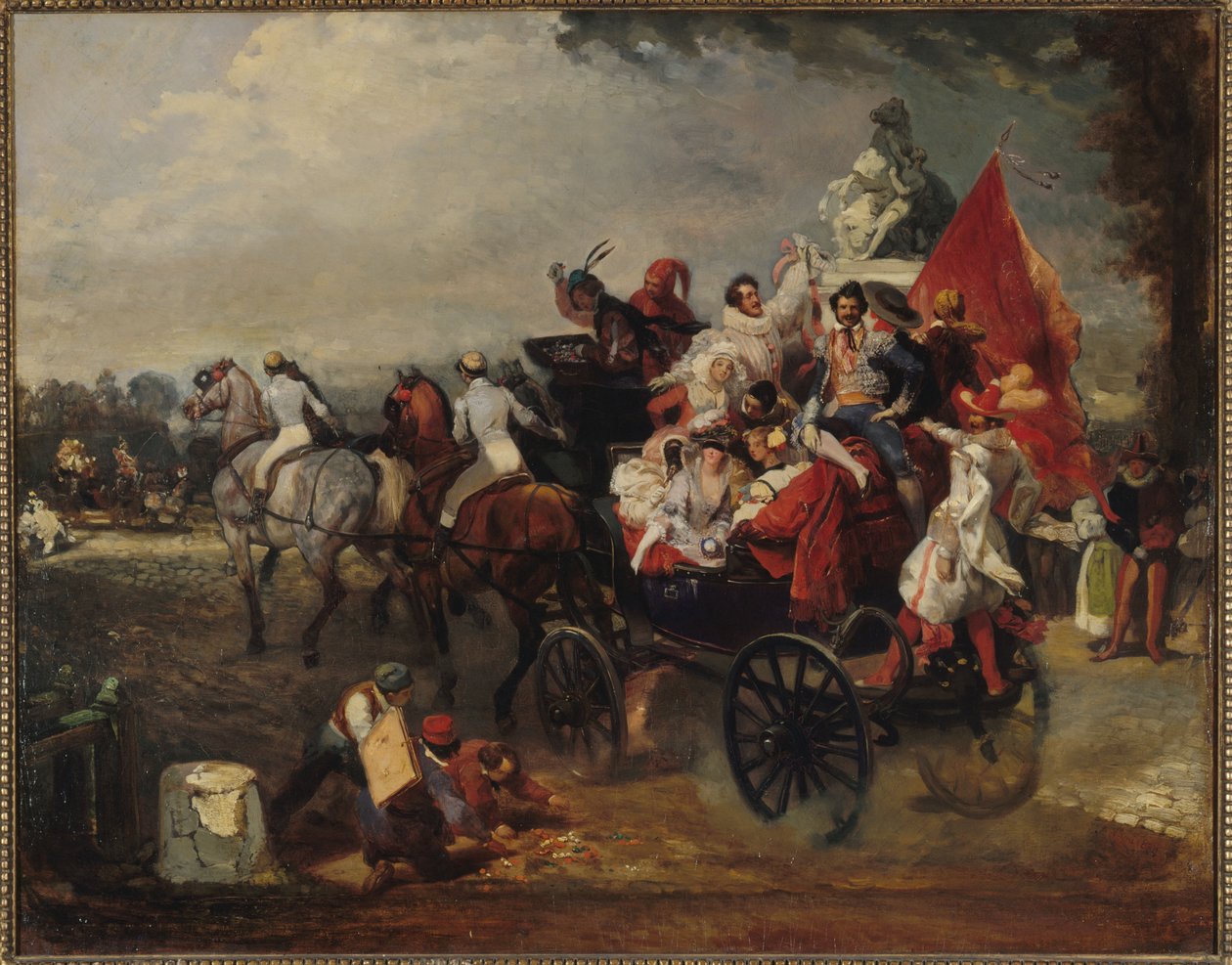 Kočár s muži a ženami v kostýmu na Champs-Elysees, 1834 od Eugene Louis Lami