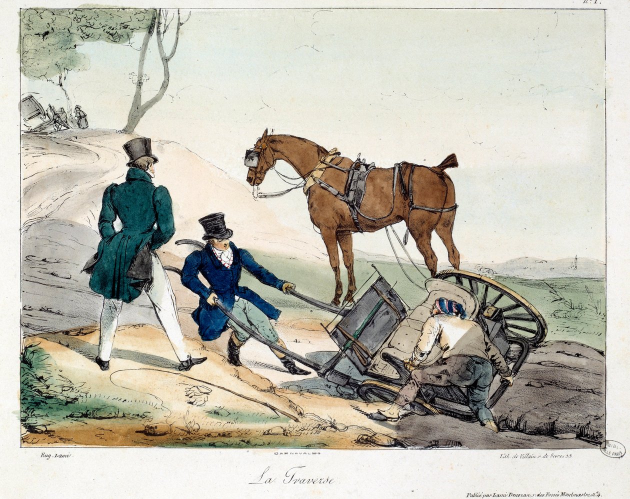 Nehoda vozíku způsobená železnicí. Ilustrace knihy „La vie de chateau“. Rytina Eugene Louis Lami (1800-1890) od Eugene Louis Lami