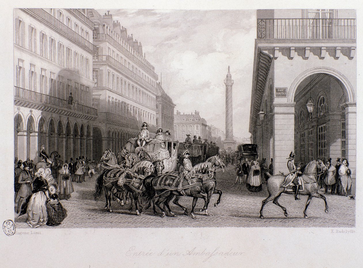 Cortege velvyslance na Place de la Bourse při jeho příjezdu do Paříže. Rytina Eugene Louis Lami (1800-1890) 1843 Soukromá sbírka od Eugene Louis Lami
