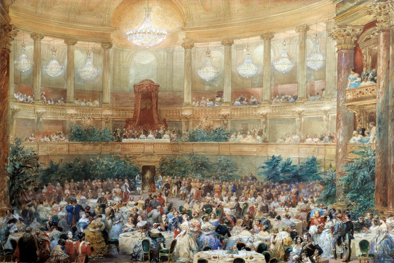 Večeře nabízená Napoleonem III královně Viktorii v sále Opery de Versailles 25. srpna od Eugene Louis Lami