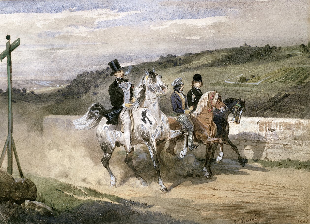 Horace Vernet a jeho děti na koni na venkově od Eugene Louis Lami