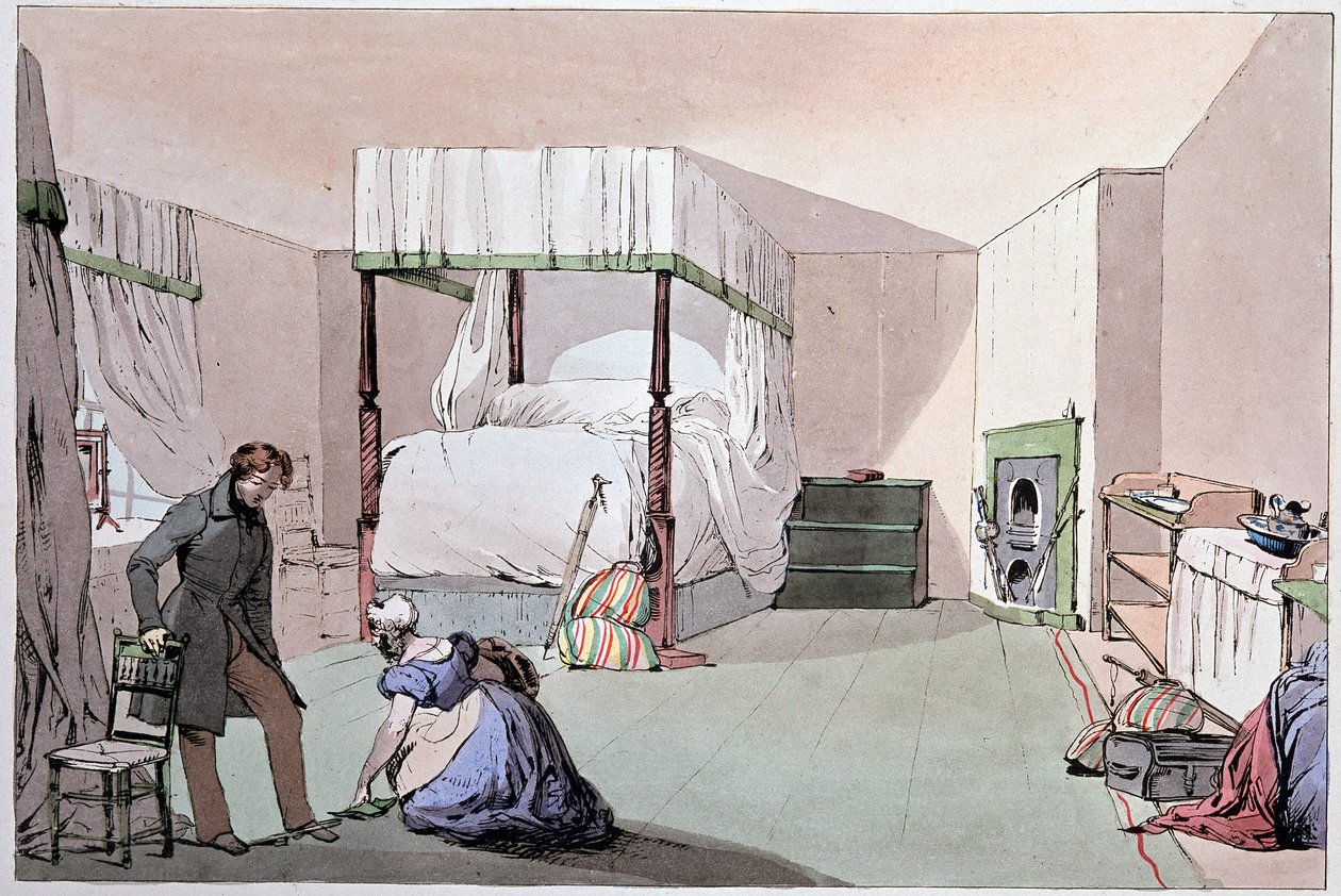 Hostel: sluha, který pomáhá zákazníkovi obouvat boty. Ilustrace Eugene Louis Lami (1800-1890), polovina 19. století od Eugene Louis Lami