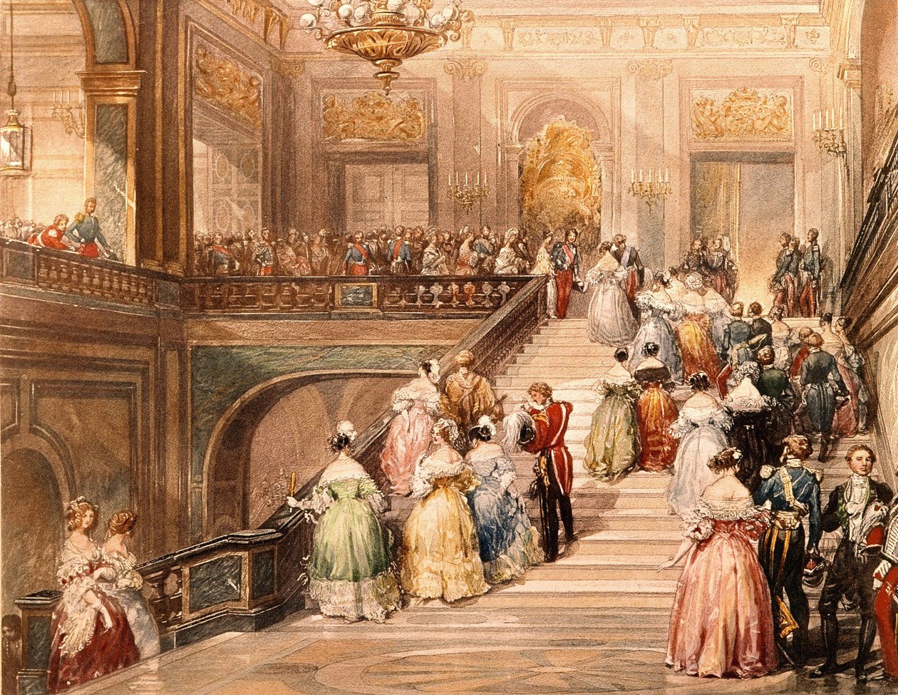 Král Ludvík Filip I. (1773 - 1850) a královna Marie Amélie de Bourbon (1782 - 1866) přijali hosty u příležitosti inaugurace muzea ve Versailles v roce 1837. Ilustrace Eugène Lami (1800 - 1890). od Eugene Louis Lami