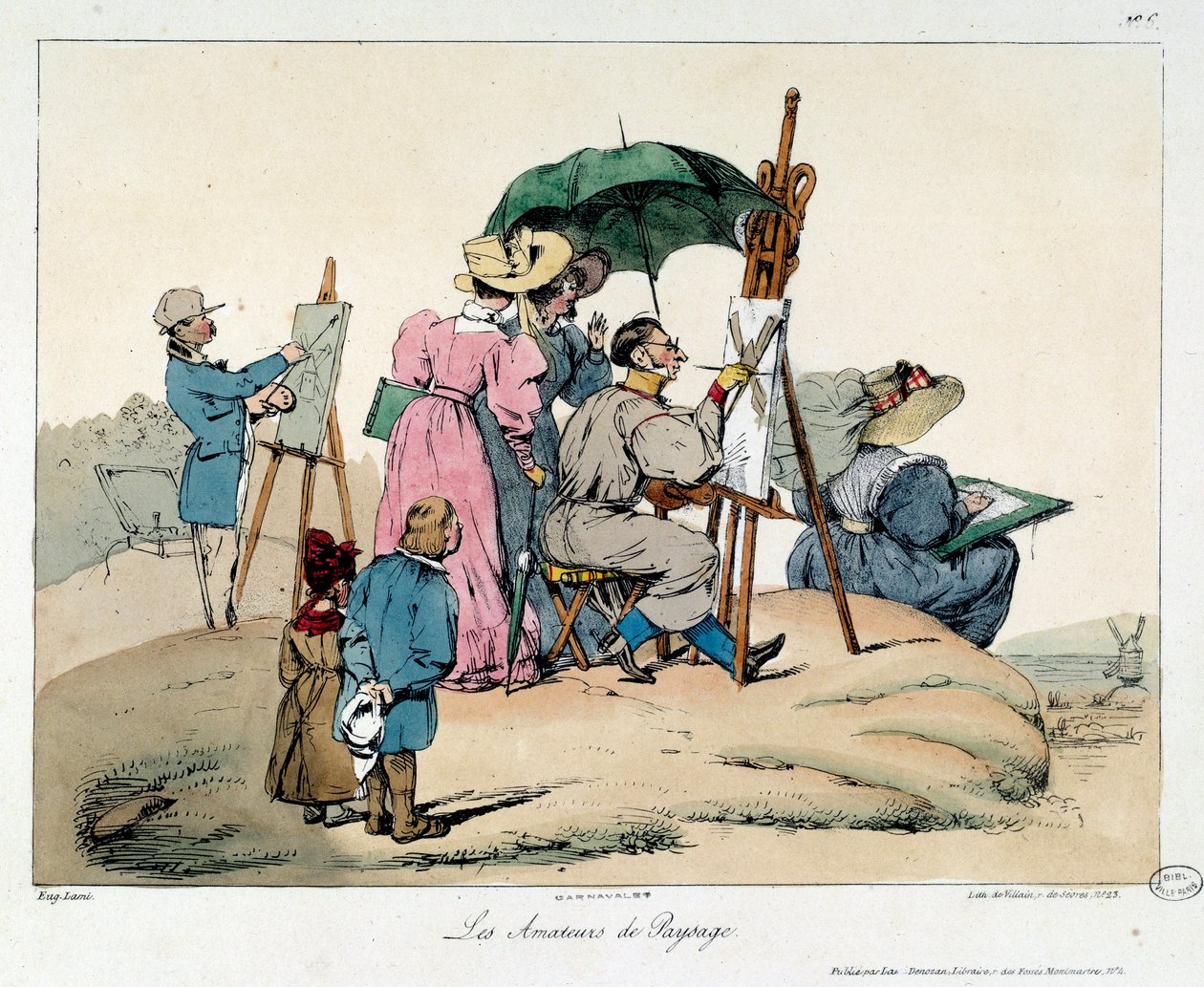 Milovníci krajiny. Prezentovaní malíři se přeskupují, aby malovali přímořskou krajinu. Ilustrace knihy la vie de chateau od Eugene Louis Lami