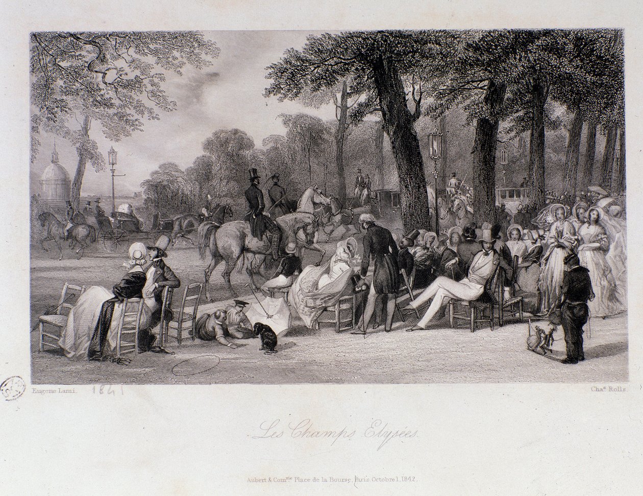 Cestující a chodci na Champs Elysees (Champs-Elysees) v Paříži. Rytina Eugene Louis Lami (1800-1890) 1841 Soukromá sbírka od Eugene Louis Lami