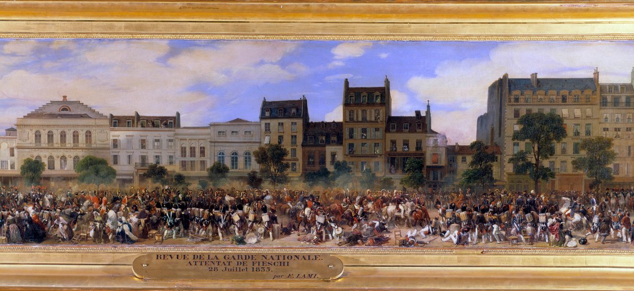 Útok Giuseppe Fieschiho (korsického spiklence) dne 28.7.1835 proti Ludvíku Filipovi I. (1773-1850), králi Francouzů, Boulevard du Temple v Paříži (Louis Philippe hodnotí Národní gardu) Detail obrazu od Eugena Lami (1800-1890) 1845 Ne. od Eugene Louis Lami
