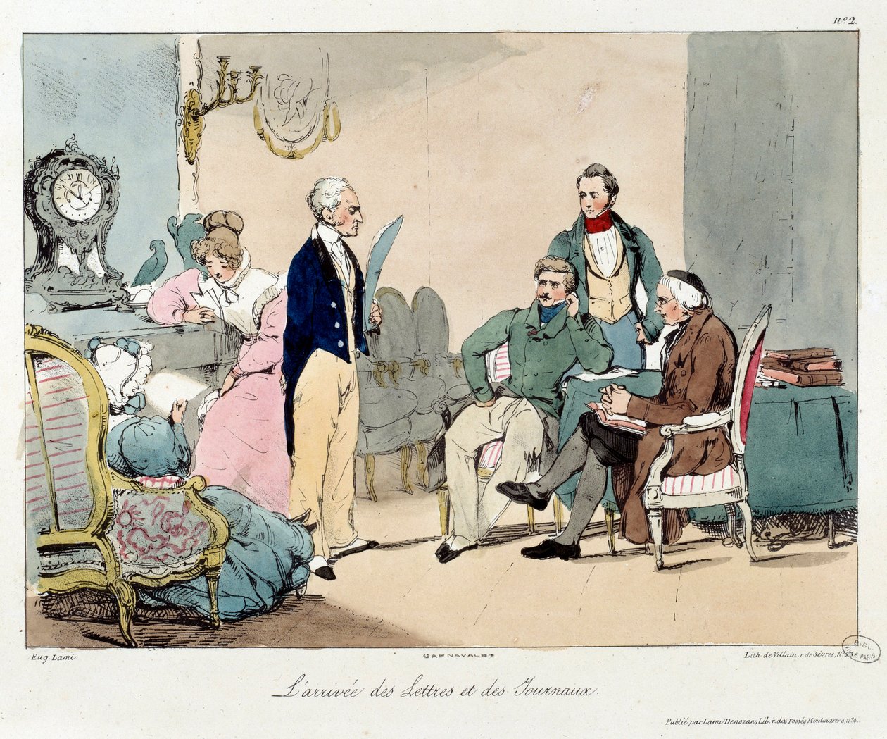 Příchod dopisů a novin. Ilustrace knihy „La vie de chateau“. Rytina Eugene Louis Lami (1800-1890) od Eugene Louis Lami