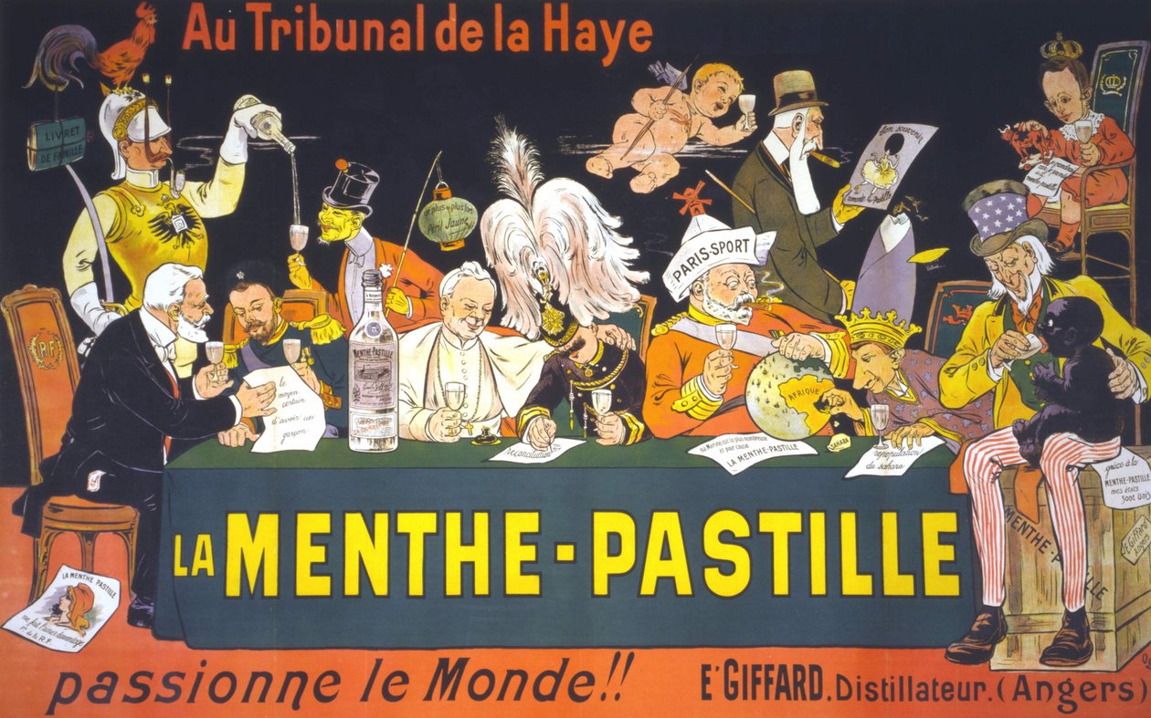 Kreslený plakát na mírové konferenci v Haagu v roce 1899: „“ Na haagském dvoře, mátová pastilka – nadchne svět!“ od Eugène Ogé (1861 - 1936) od Eugene Oge